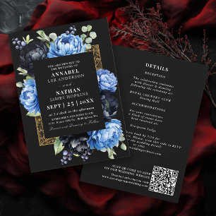 Moody Blue Black Elegant Floral Wedding QR Code Einladung