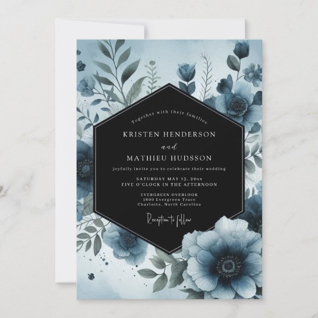Moody Blue Floral Botanical Wedding Einladung (Vorderseite)