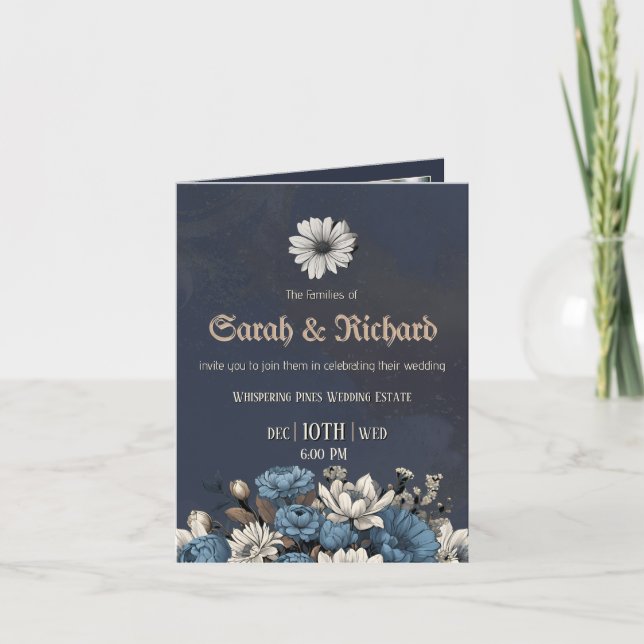 Moody Blue Floral Custom Foto Wedding Einladung (Vorderseite)