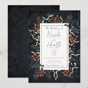 Moody Blue Gold Bold Botanische Blätter Hochzeit  Einladung