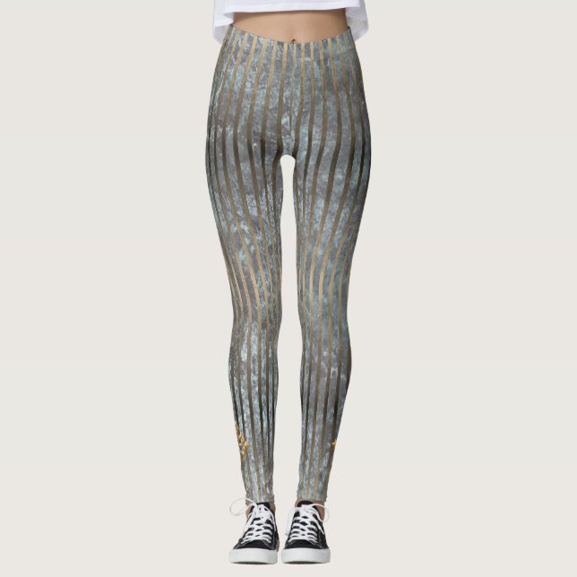 Moody Blue & Gold Streifen Muster Leggings (Vorderseite)