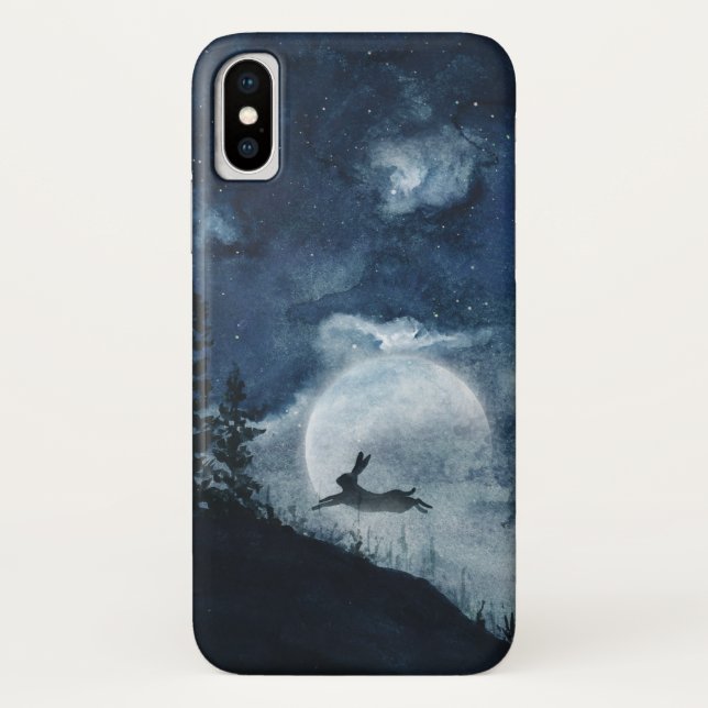 Moody blue night sky full moon hare Silhouette Case-Mate iPhone Hülle (Rückseite)