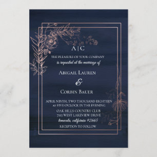 Moody Blue Rose Gold Wedding Einladung