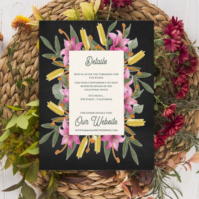 Moody Blush Lily Wedding Details Information Begleitkarte (Moody Blush Lily Wedding Details Card | Elegant Black Floral Botanical Information Insert)