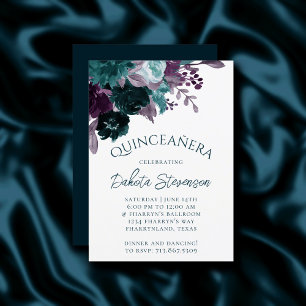 Moody Boho   Aquamarin Dark Floral Bouquet Quincea Einladung