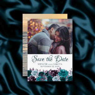 Moody Boho Aquamarin Türkisfarbenes Lila Floral Save The Date