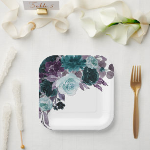 Moody Boho Aquamariner und türkisfarbener Blumen Pappteller