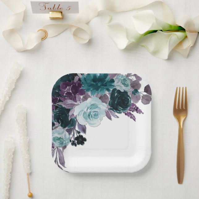 Moody Boho | Aquamariner und türkisfarbener Blumen Pappteller (Hochzeit)