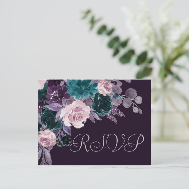 Moody Boho | Dark Eggplant Lila Aquamarine Blütenp Postkarte (Stehend Vorderseite)