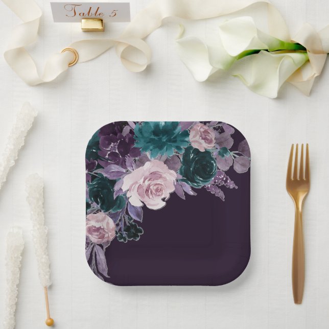 Moody Boho | Dark Eggplant Lila und Aquamarin Bouq Pappteller (Hochzeit)