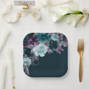 Moody Boho Deep Aquamarin und Eggplant Lila Bouq Pappteller