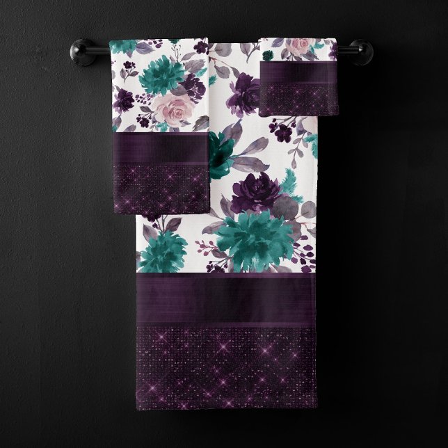 Moody Boho | Eggpflanze Lila und Aquamarine Rose S Badhandtuch Set (Von Creator hochgeladen)