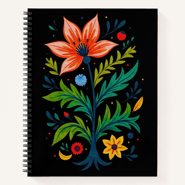 Moody Boho Folk Art Floral Tree Botanical Notizbuch (Vorderseite)