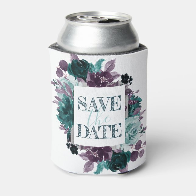 Moody Boho | Save the Date Aquamarine und Lila Blu Dosenkühler (Kanne Rückseite)