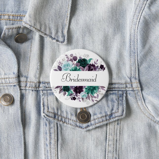 Moody Boho Teal and Purple Floral Bridal Party Button (Beispiel)