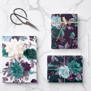 Moody Boho   Türkis Dunkles Blumenmuster Geschenkpapier Set