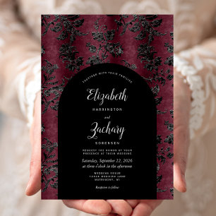 Moody Burgundy Black Damask Arch Dark Wedding Einladung