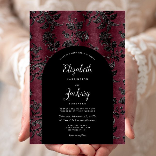 Moody Burgundy Black Damask Arch Dark Wedding Einladung (Von Creator hochgeladen)