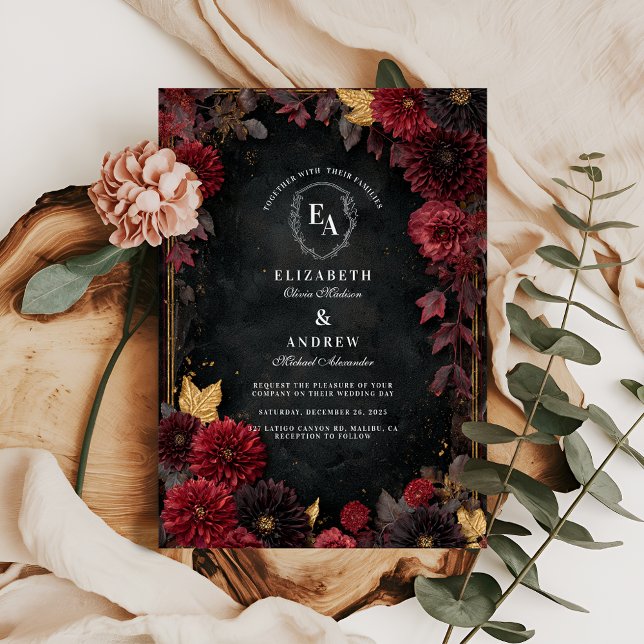 Moody Burgundy Dahlia Hochzeit im Herbst Einladung (Von Creator hochgeladen)