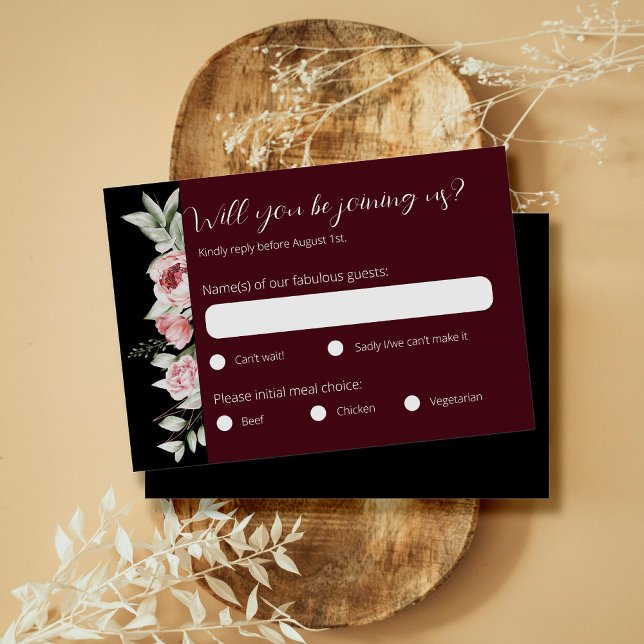 Moody Burgundy Dark Floral Wedding RSVP Karte (Von Creator hochgeladen)