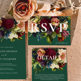 Moody Burgundy Emerald Winter Floral Wedding RSVP Karte