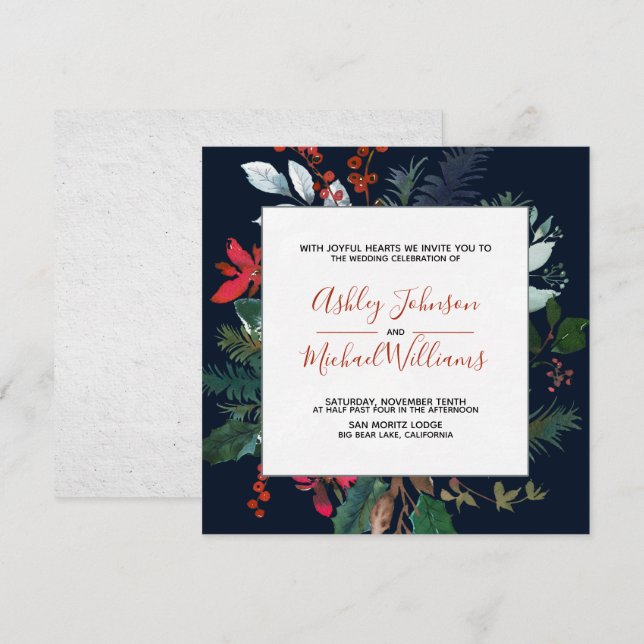 Moody Burgundy & Navy Blue Floral Frame Wedding Einladung (Vorne/Hinten)