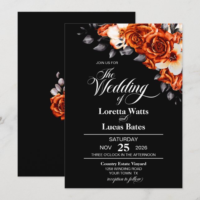Moody Burnt Orange Rose Floral Black Wedding Einladung (Vorne/Hinten)