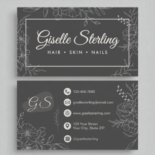Moody Charcoal Gray Floral Line Art Modernes Scrip Visitenkarte