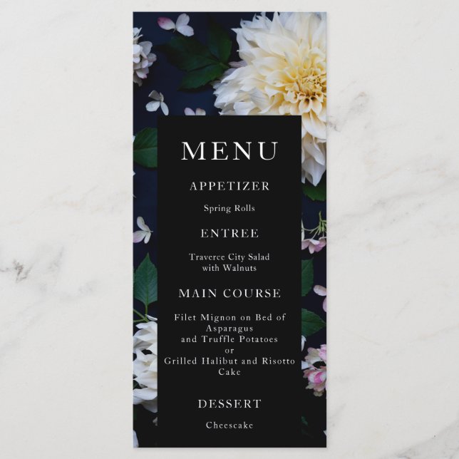 Moody Dahlia Floral Wedding Menü Menükarte (Vorderseite)