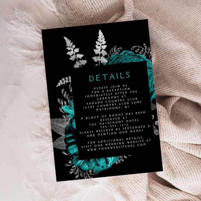 Moody Dark Floral Aquamarin Silver Wedding Details Begleitkarte (Von Creator hochgeladen)