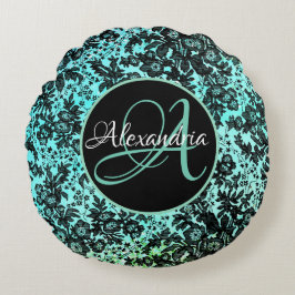 Moody Dark Floral auf Türkis Monogram Rundes Kissen