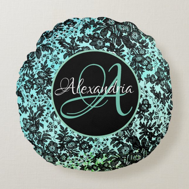 Moody Dark Floral auf Türkis Monogram Rundes Kissen (Vorderseite)