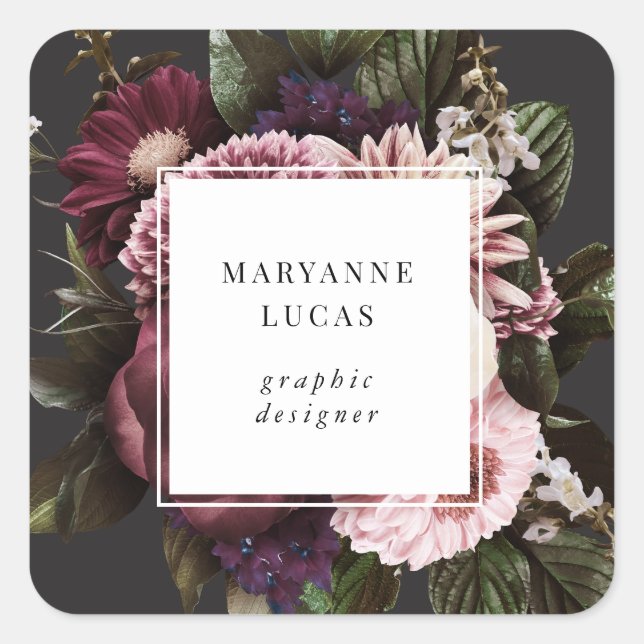 Moody Dark Floral Elegante Business Card Quadratischer Aufkleber (Vorderseite)