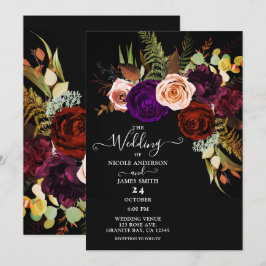 Moody Dark Floral Greenery Bold Color Chic Wedding Einladung