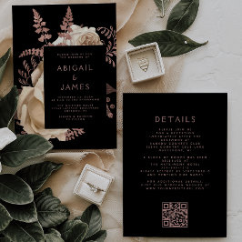 Moody Dark Floral Ivory Rose Gold QR Code Hochzeit Einladung