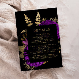 Moody Dark Floral Lila Gold Hochzeitdetails Begleitkarte