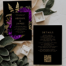 Moody Dark Floral Lila Gold QR Code Wedding Einladung