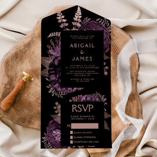 Moody Dark Floral Lila Rose Gold Wedding All In One Einladung