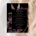 Moody Dark Floral Lila Rose Gold Wedding Menükarte<br><div class="desc">Dieses elegante,  stimmungsvolle Hochzeitsmenü bietet ein üppiges,  romantisches Blumenstrauß lila mit Rose Goldfolie und Glitzer-Blattwerk auf schwarzem Hintergrund. Pink-Rose in stylischen Schriftart auf einem schwarzen Rechteck anpassen. Die Rückseite der Karte ist schwarz.</div>