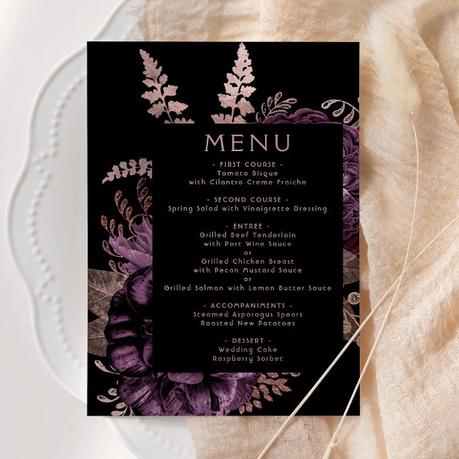 Moody Dark Floral Lila Rose Gold Wedding Menükarte (Von Creator hochgeladen)