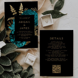 Moody Dark Floral Türkise Gold QR Code Hochzeit Einladung