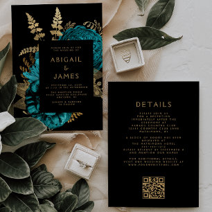 Moody Dark Floral Türkise Gold QR Code Hochzeit Einladung