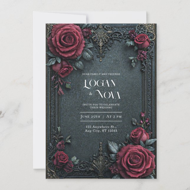 Moody Dark Gothic Burgundy Rose Ornate Wedding Einladung (Vorderseite)
