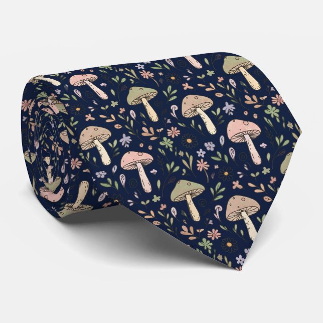 Moody Dark Navy Fungi | Formal Wedding Groomsmen Krawatte (Gerollt)