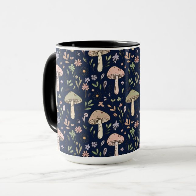 Moody Dark Navy Fungi Seamless Pattern Tasse (Vorderseite Links)