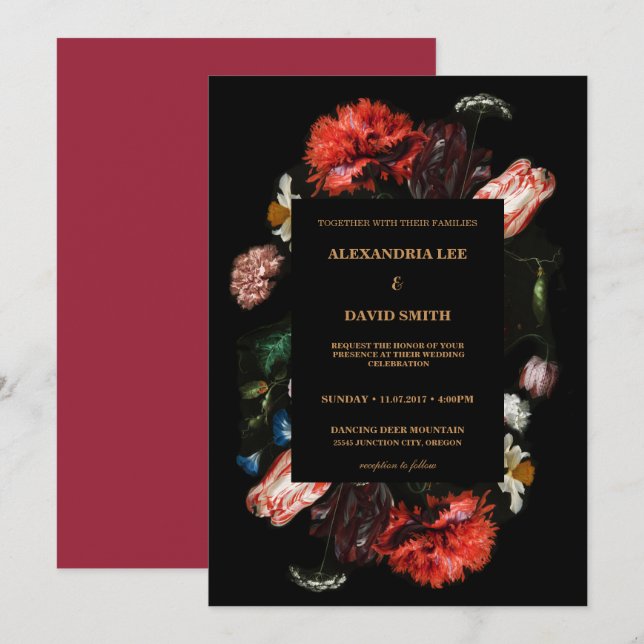 Moody Dark Red Floral Black Custom Request Wedding Einladung (Vorne/Hinten)