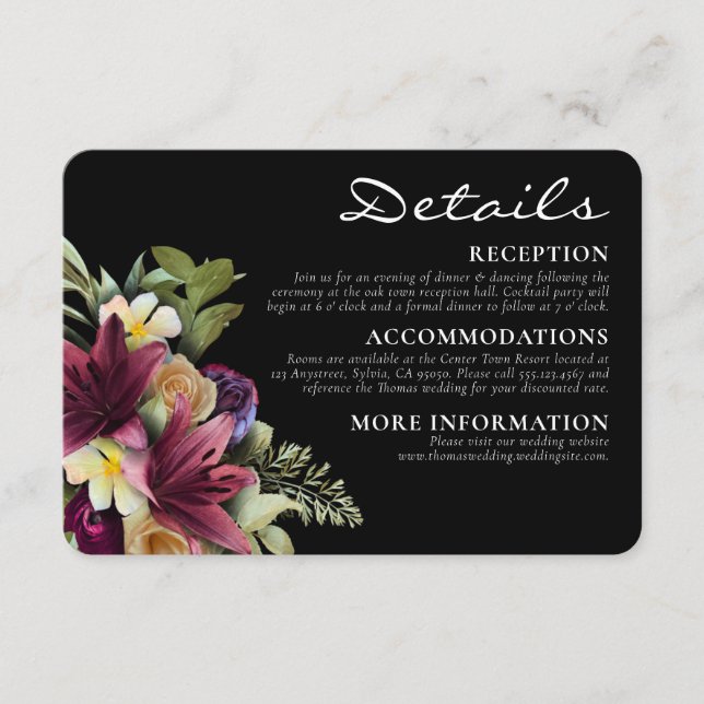 Moody Dark Romantic Floral Elegante Wedding Begleitkarte (Vorderseite)