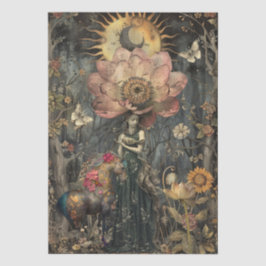 Moody Dark Rustic Fantasy Garden Girl Decoupage  Seidenpapier