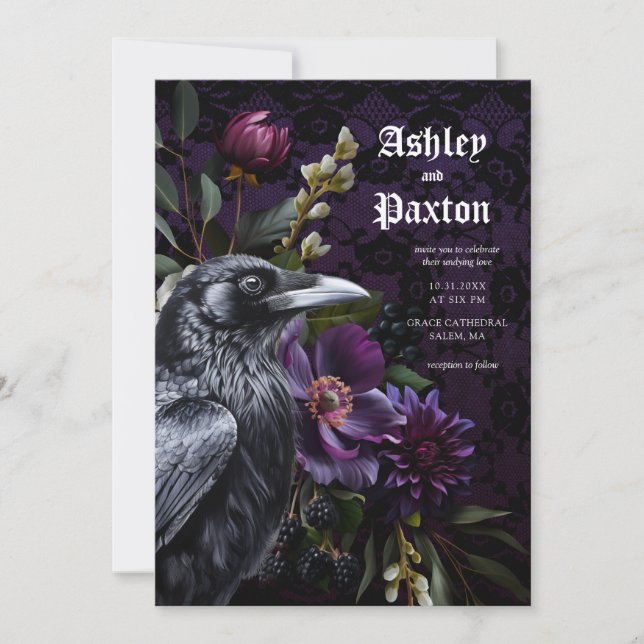 Moody Elegant Lila Gothic Garden Floral Crow Einladung (Vorderseite)
