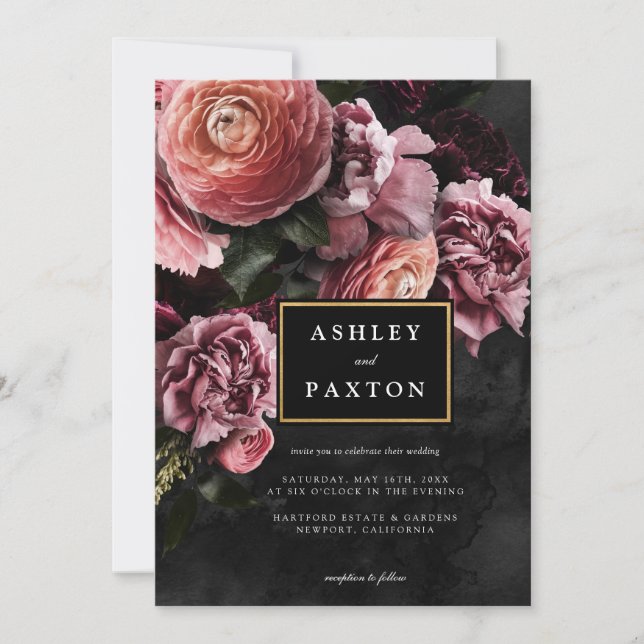 Moody Elegant Pink | Floral Bouquet auf Black Einladung (Vorderseite)